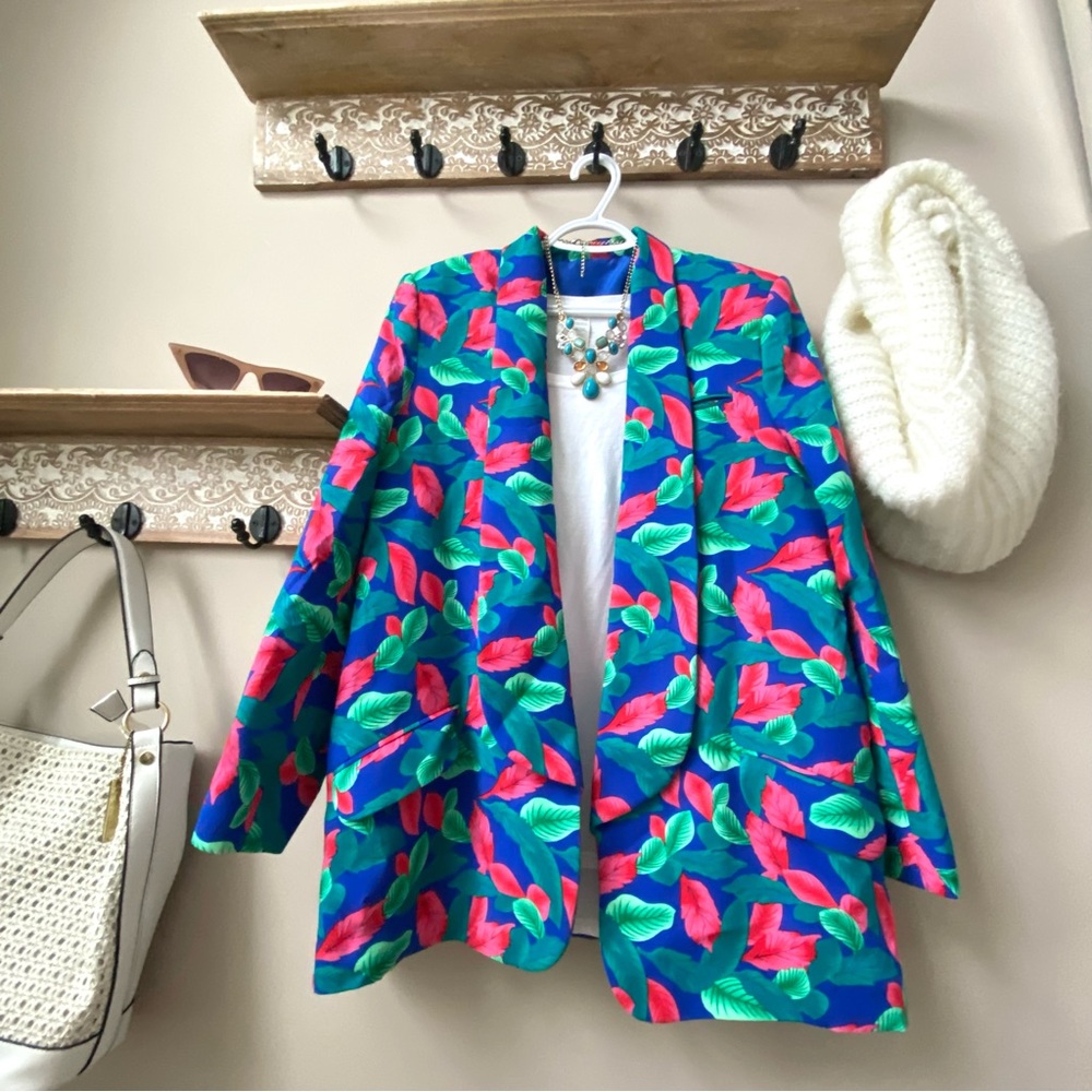 Vintage Blue Blazer with Pink & Green Leaf Print
